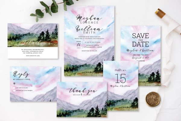 Mountain Landscape Wedding Invitation Set
