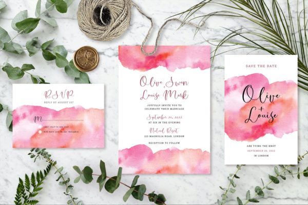 Abstract Pink Orange Watercolour Wedding Invitation Set - Image 2