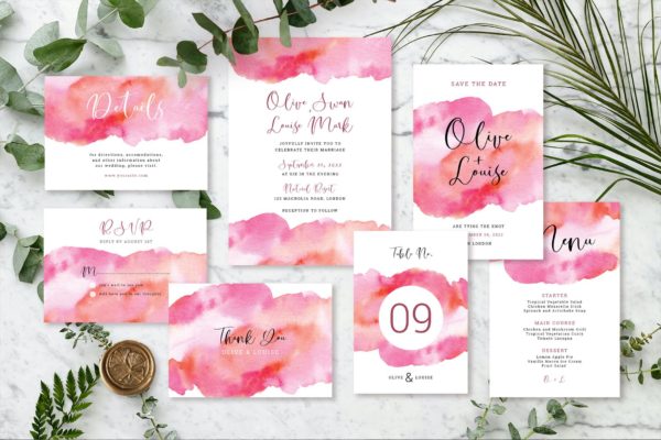 Abstract Pink Orange Watercolour Wedding Invitation Set