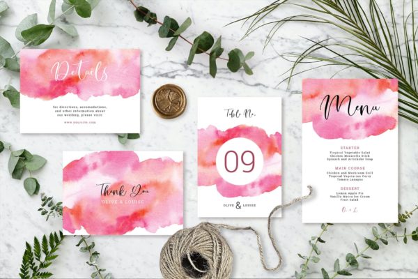 Abstract Pink Orange Watercolour Wedding Invitation Set - Image 3